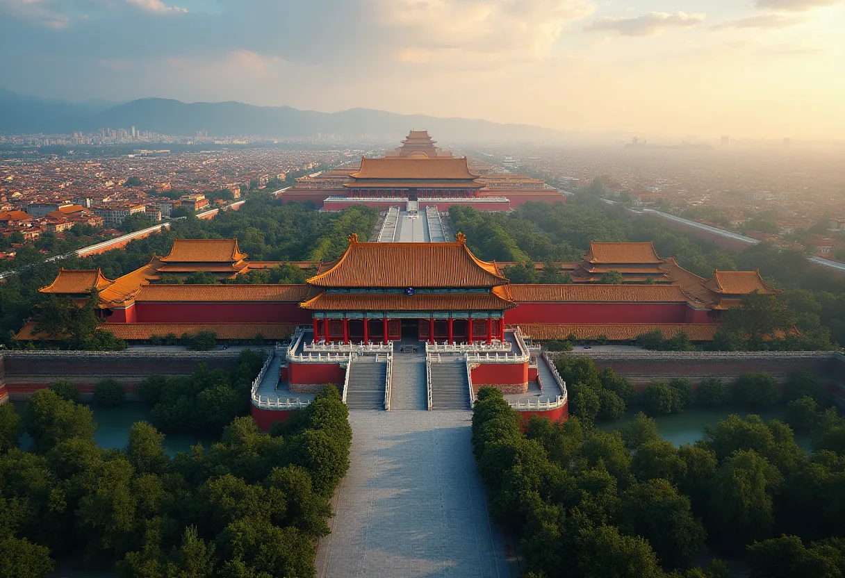 Aerial view of the Forbidden City in Beijing with golden rooftops