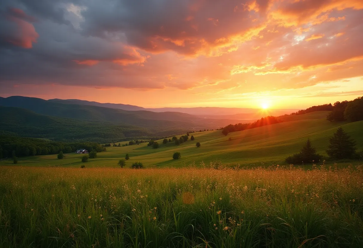 Vermont countryside at sunset with rolling hills and farm fields