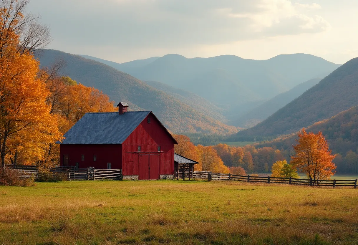 Vermont farm landscape with red barn and mountains in autumn