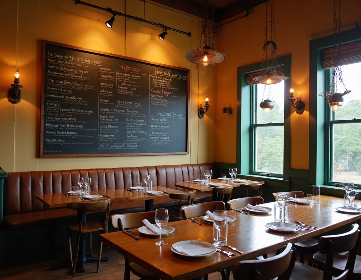 Rustic Vermont bistro interior with seasonal menu board and local farm produce