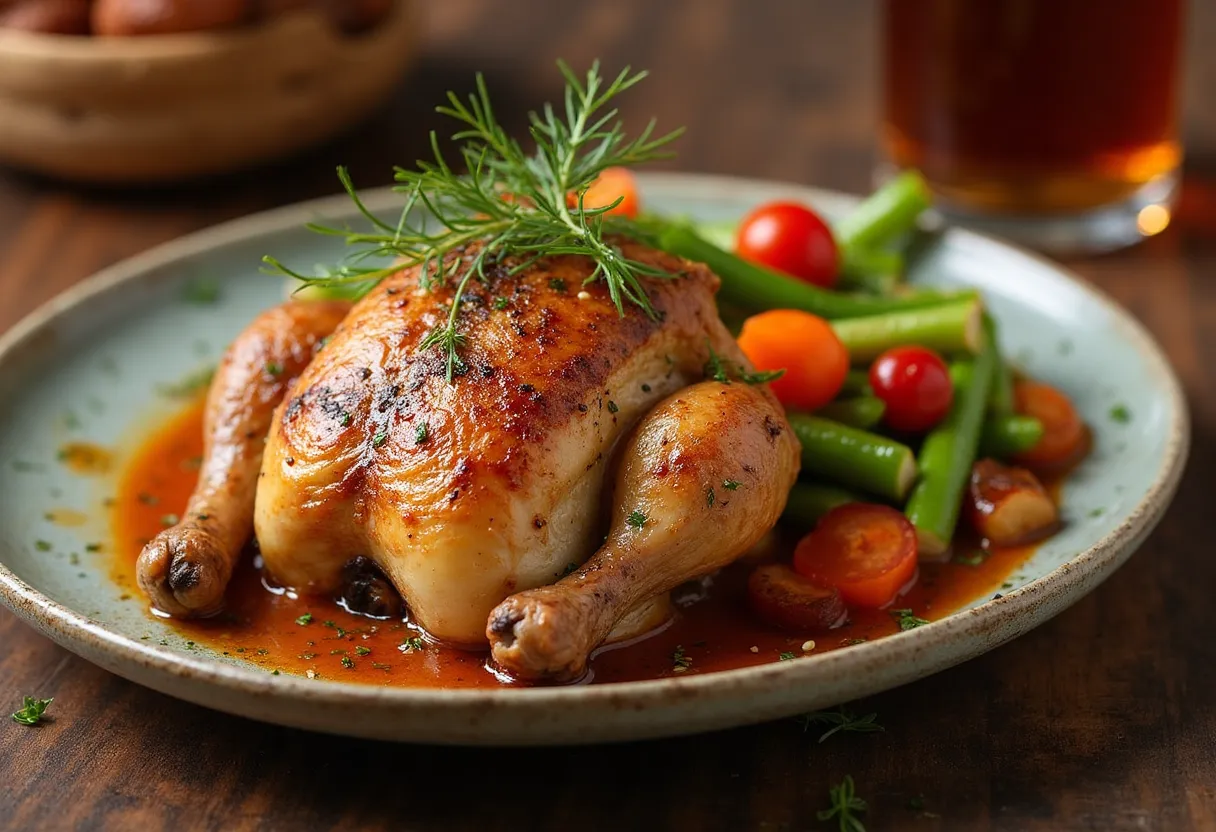 Signature dish: Roasted chicken with seasonal vegetables on a rustic plate