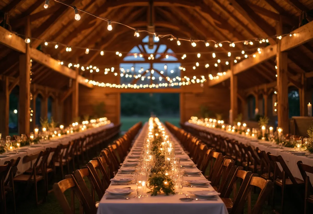 Farm dinner event: Long table in barn with string lights