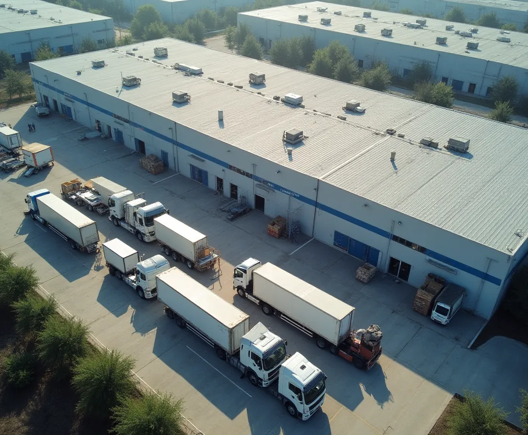 Warehouse with trucks loading and storage units