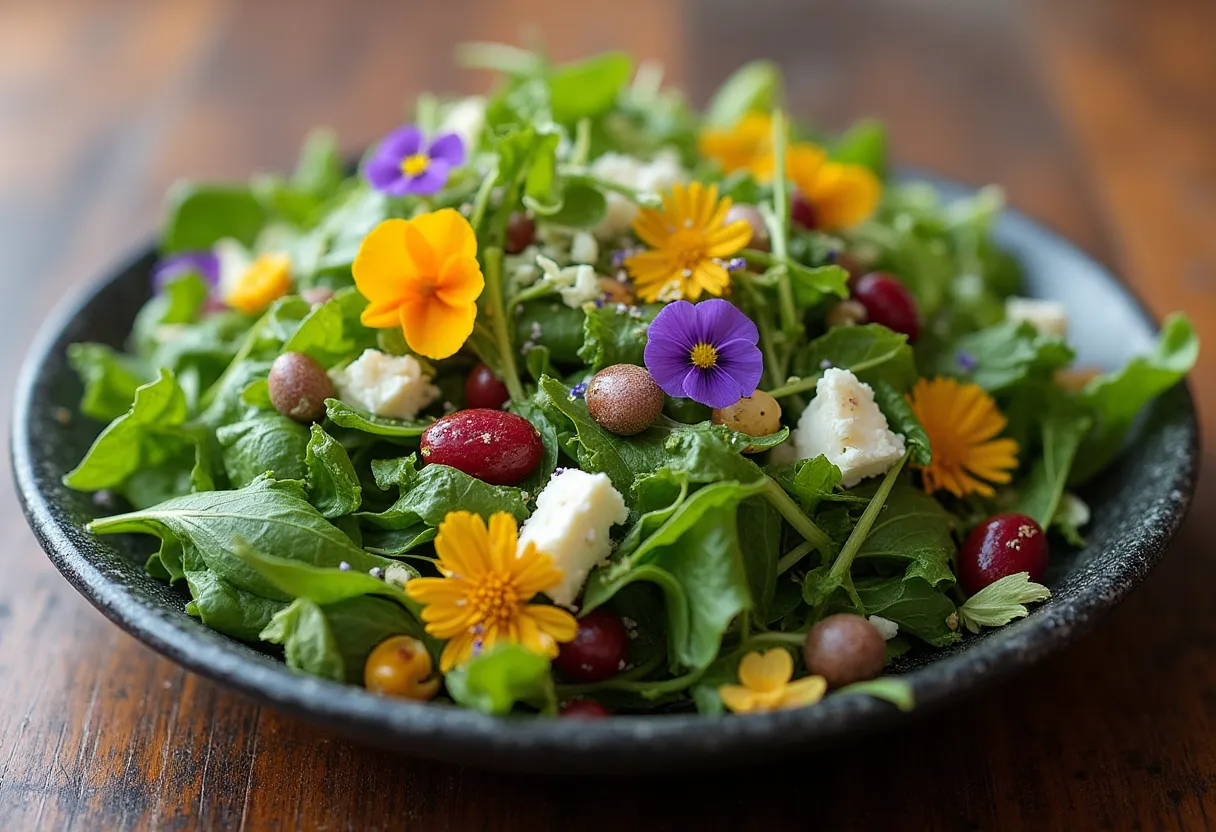 Fresh Vermont salad with local greens, edible flowers, and cheese