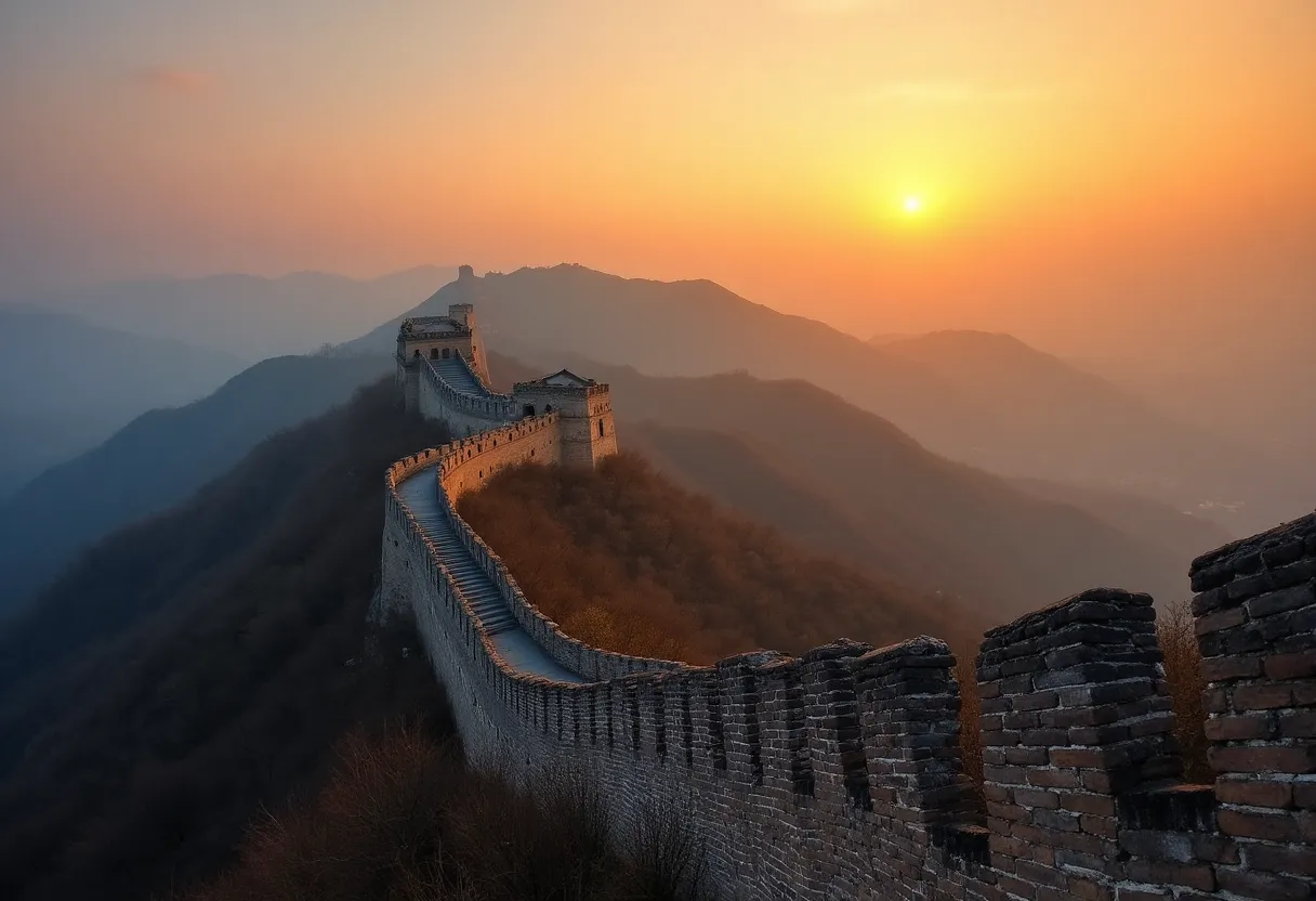 The Great Wall of China winding over green hills at sunset