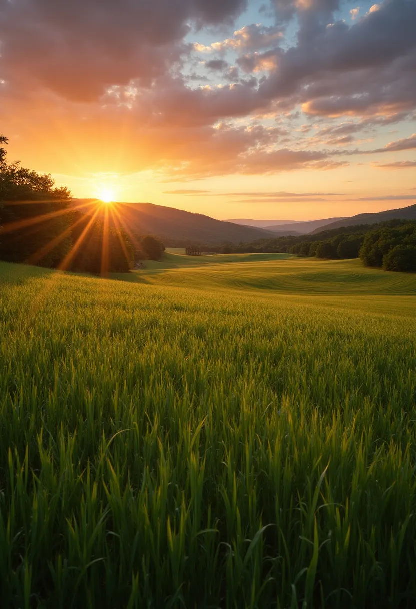 Vermont landscape with rolling farm fields at sunset