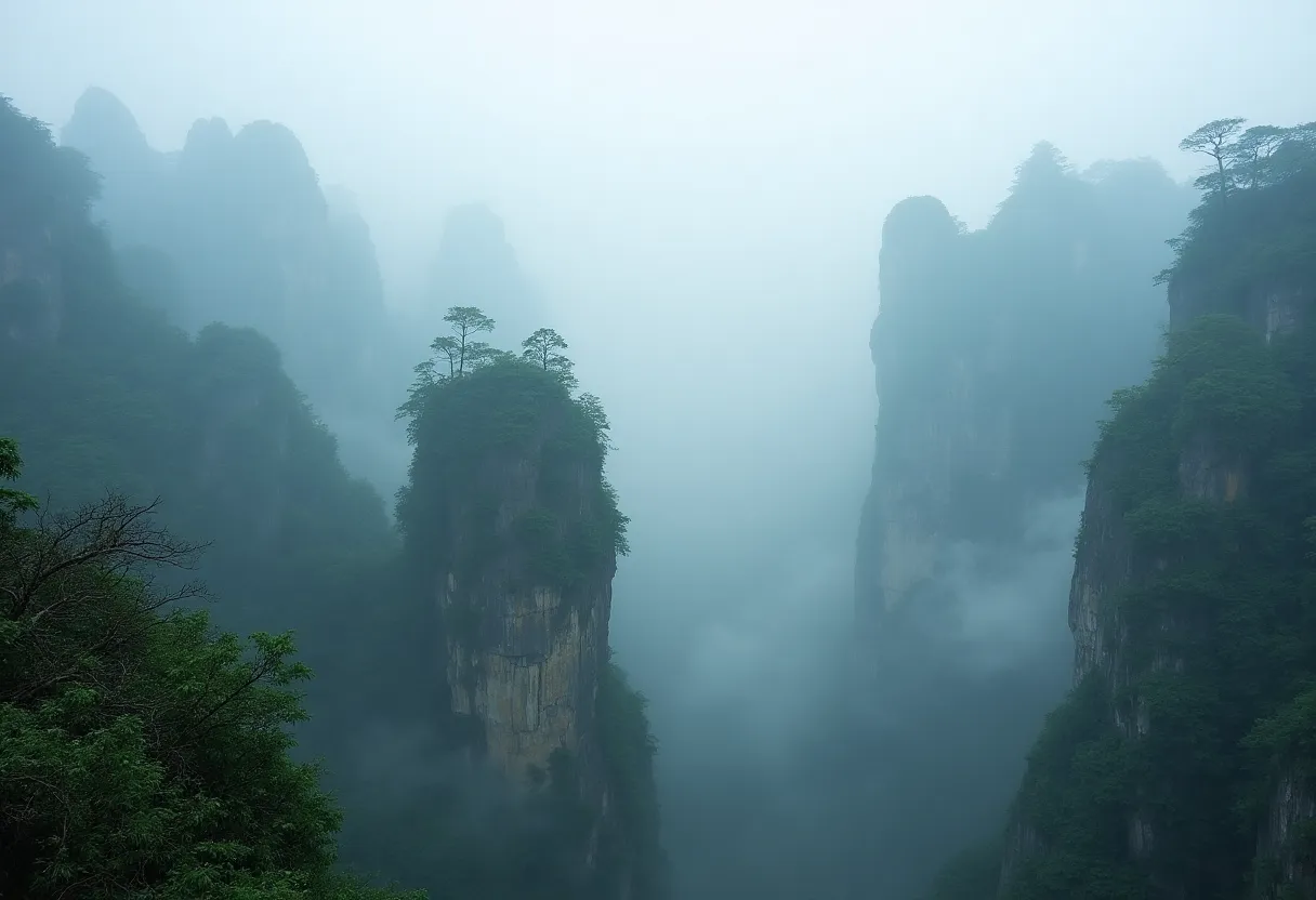 Misty Zhangjiajie mountains with dramatic stone pillars and lush forest
