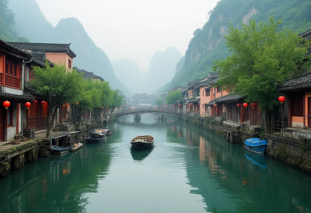 Traditional water town with stone bridges and lantern-lit canals